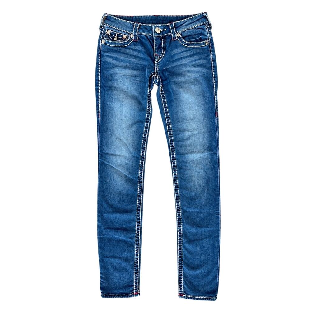 True Religion Jennie Curvy Skinny Jeans Flap Pockets Big T Stitch Blue Size 28